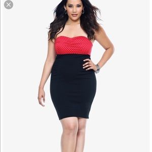 Torrid Red and Black Polka Dot Strapless Dress